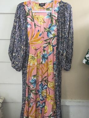 G.O. Pink Floral Maxi Dress with Navy Kimono